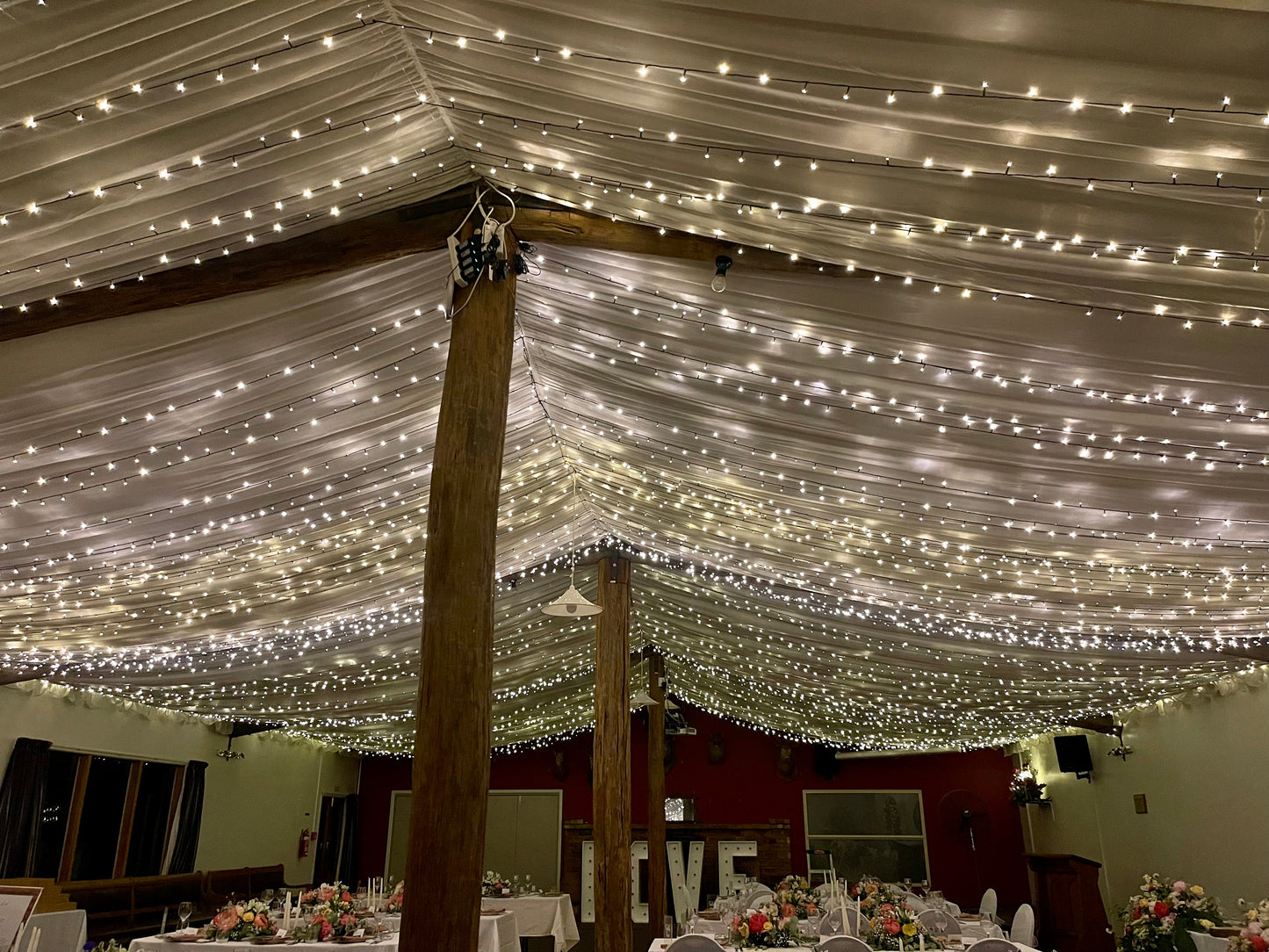 Ceiling fairy lights at Rossburn Receptions in Rangiora