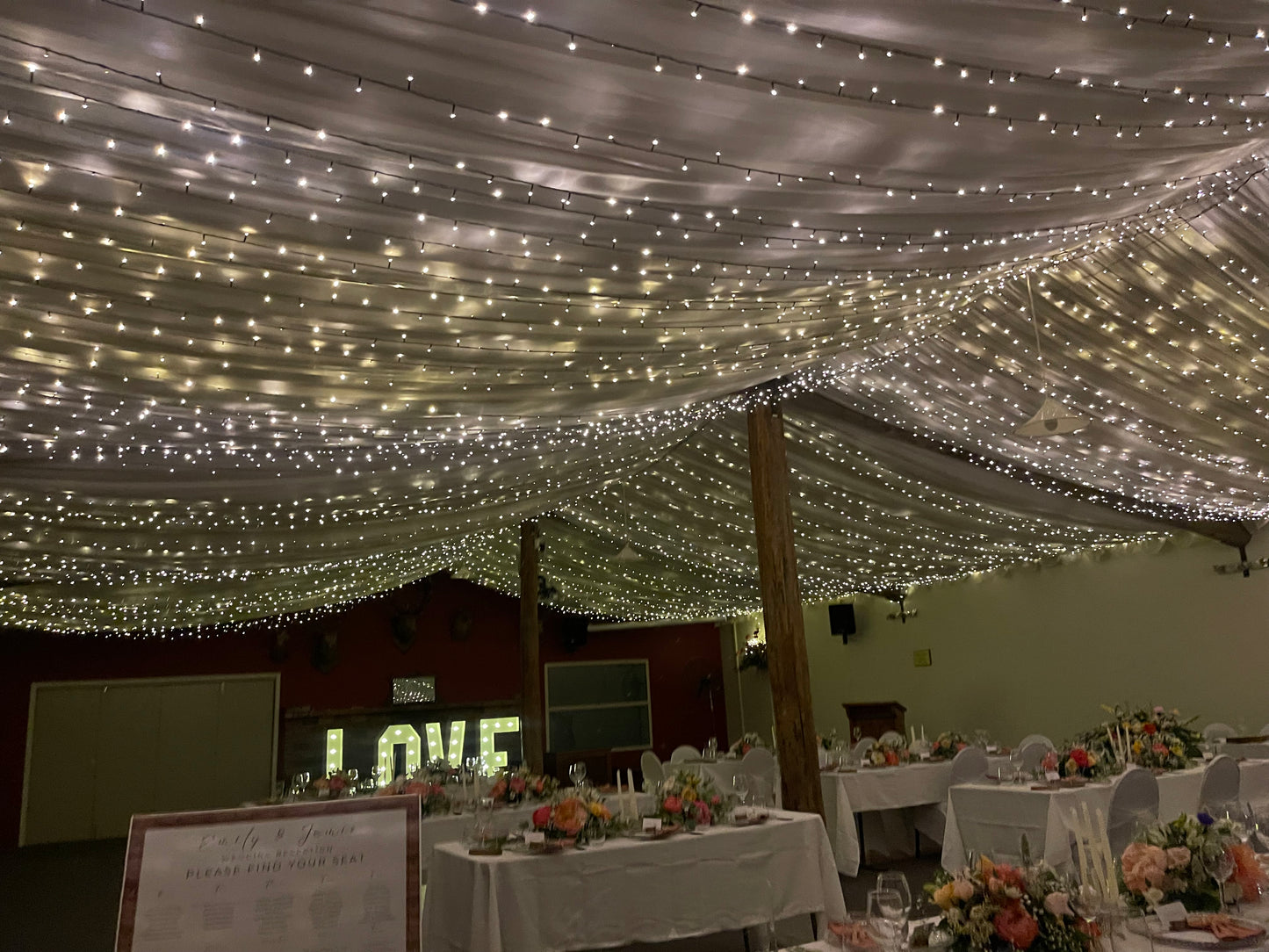 Ceiling fairy lights at Rossburn Receptions in Rangiora