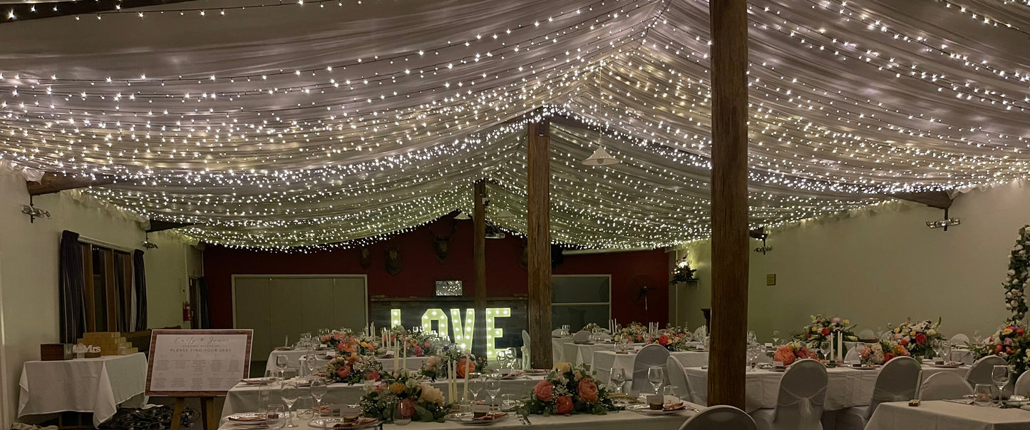 Ceiling fairy lights at Rossburn Receptions in Rangiora