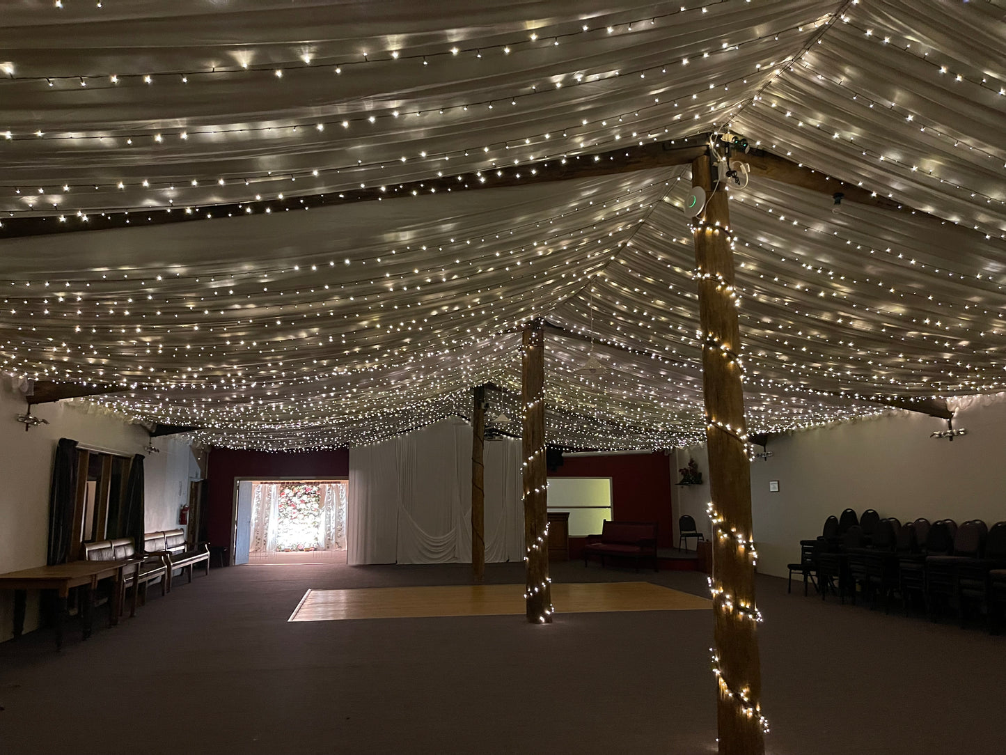 Ceiling fairy lights at Rossburn Receptions in Rangiora