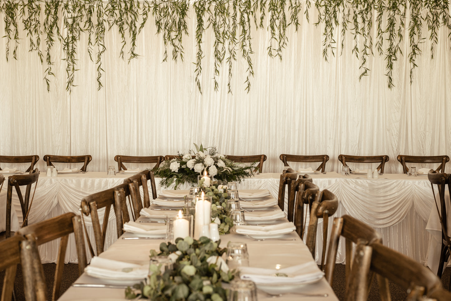 5.5m Elegant White Pleated Backdrop with Lush Hanging Greenery or Weeping Willows