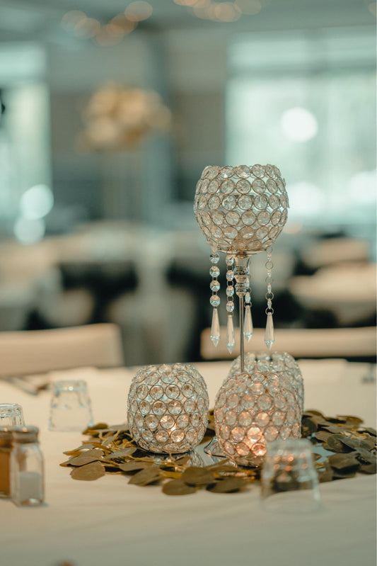 Silver beaded candleholder for hire