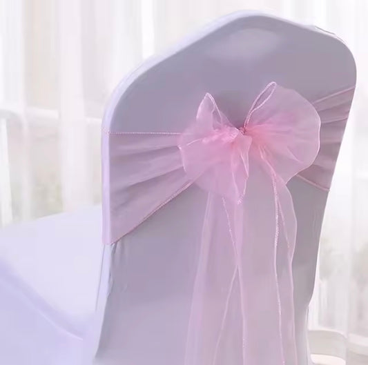 Pink organza chair sash or chair bow or chair tie for hire in Christchurch