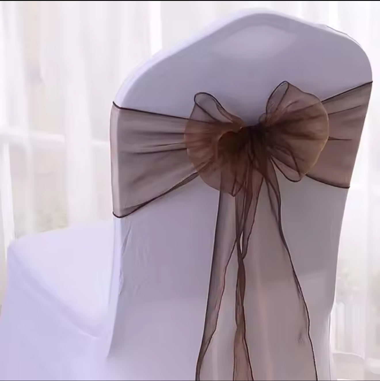 Brown organza chair tie/sash hire in Christchurch
